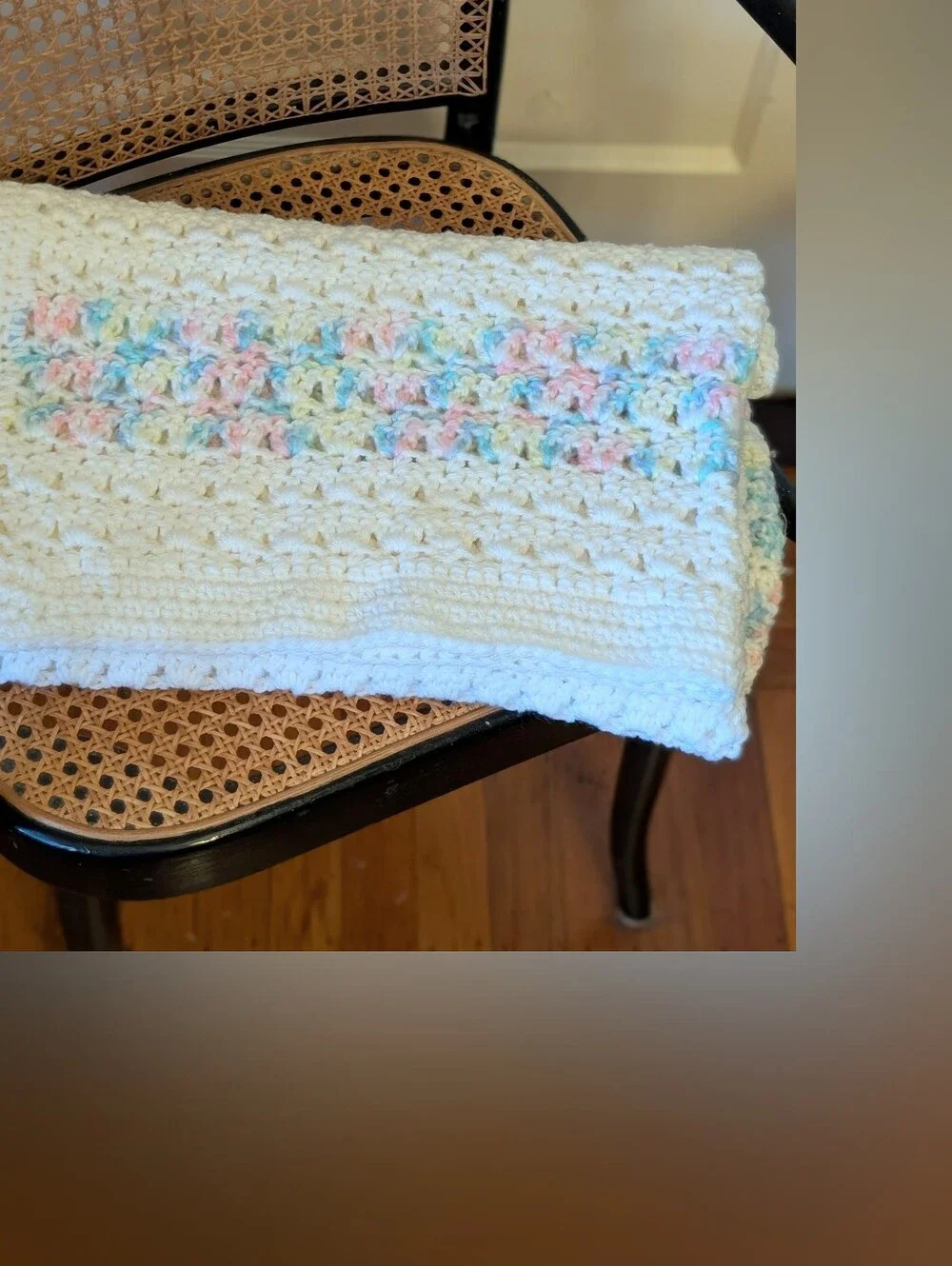 Handmade White Crochet Blanket / Knitted Throw Blanket with Pastel Stripes 36x36